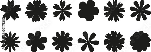 Flat flower silhouette collection with black blooming petals for spring pattern design element