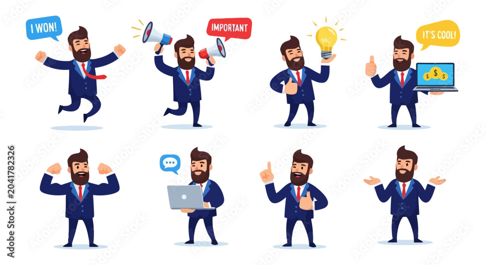 Fototapeta premium Dynamic Business Man Cartoon Set Vector Illustration.