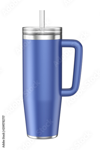 Blue insulated stainless steel tumbler with straw and handle on transparent background