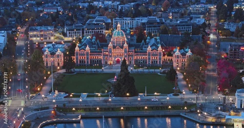 Aerial view of BC Legislative Parliament Building near harbor at night in Victoria, British Columbia, Canada	
