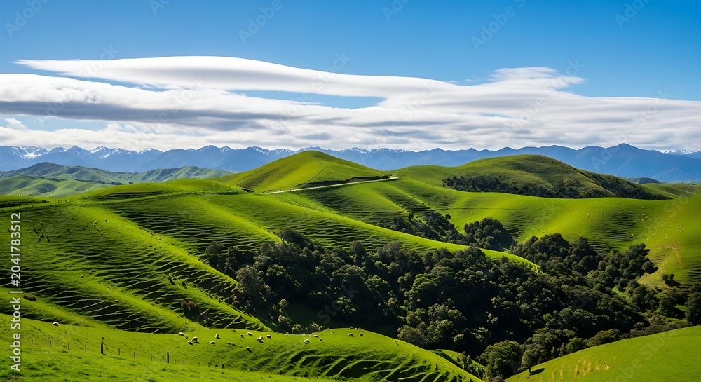 Obraz premium Lush Green Rolling Hills Stretching Across Rural Mountain Landscape