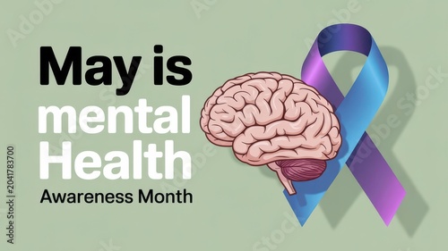 Mental health awareness month graphic with human brain and awareness ribbon