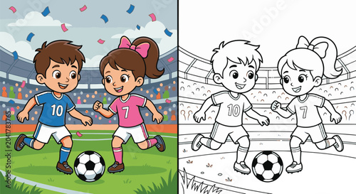 Quadro em tela Kids running and dribbling soccer ball on stadium field coloring page and colorf