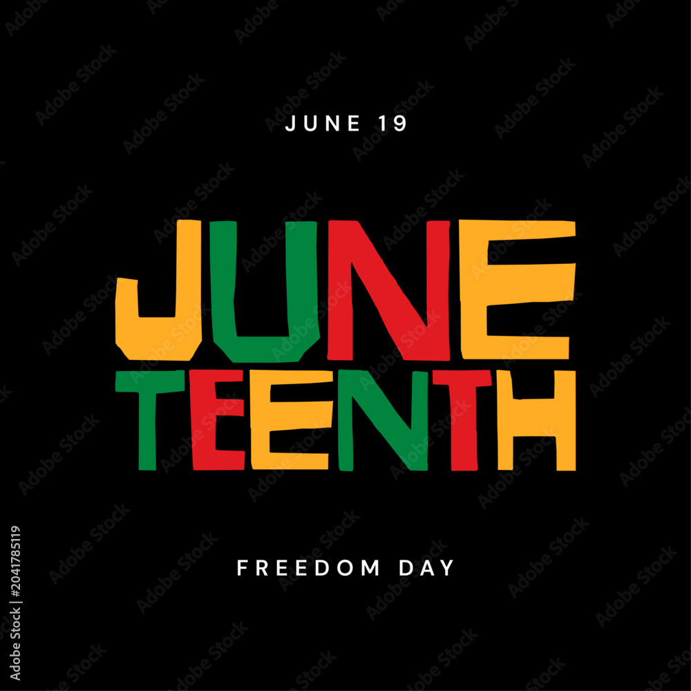 Naklejka premium Juneteenth Square Banner with Juneteenth Typography in Pan-African Colors on Black Background. Juneteenth Freedom Day Typography Banner Vector for Social Media Post. 