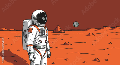 Foto Astronaut standing on Mars planet surface looking at Earth in the sky