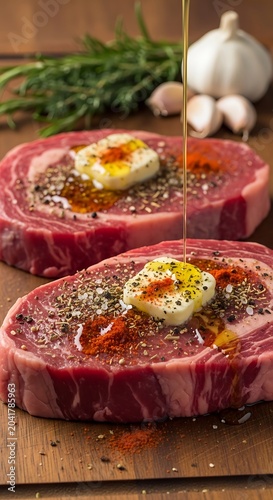 Raw Ribeye Steaks Seasoned with Butter and Spices, Ready to Cook.