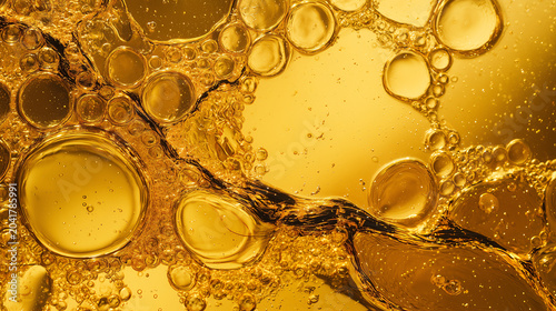 Golden oil droplets and bubbles floating in a shallow liquid pool captured in vivid macro detail with rich amber tones for a culinary cooking background