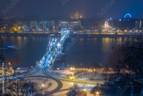 Snowy Night Aerial View of Széchenyi Chain Bridge in Budapest