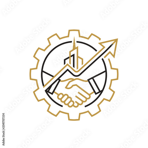 Slika na platnu Business handshake icon with gear and rising growth arrow.