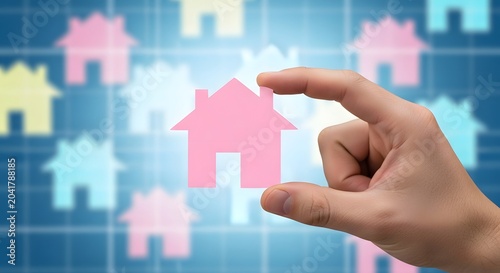 Hand holding pink paper house against blurred background of colorful houses image