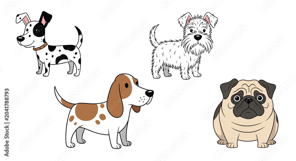 Obraz premium Fun collection of four different cartoon dog breeds including a spotted Dalmatian, a Terrier, a Beagle, and a Pug.