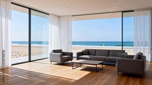 Modern living room with beach view