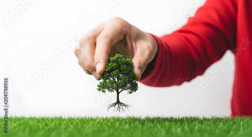 Hand holding small green tree with roots above lush grass and white background image