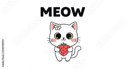Cute white kitten holding a fresh red strawberry while wearing a daisy flower on its head under the text meow.