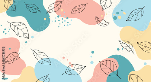 Modern abstract background featuring organic colorful shapes and delicate black line drawings of various leaves.