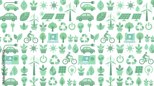 Foto Seamless eco themed pattern with leaves trees plants and recycling icons for environmental design