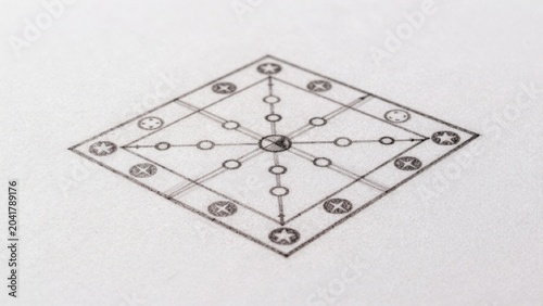 Black-and-white drawing plain white surface which appears piece paper symmetrical diamond-shaped structure com