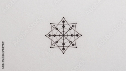 Black-and-white drawing plain white surface which appears textured paper symmetrical pentagon-like structure c