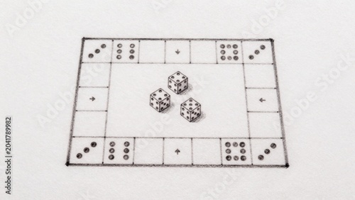 Black-and-white drawing rectangular board game set plain white surface shape has grid-like layout evenly space