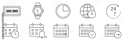 Minimalist time management line icons set featuring digital clock, wristwatch, stopwatch, global timezone, twenty four seven, calendar schedule reminders vector illustration.