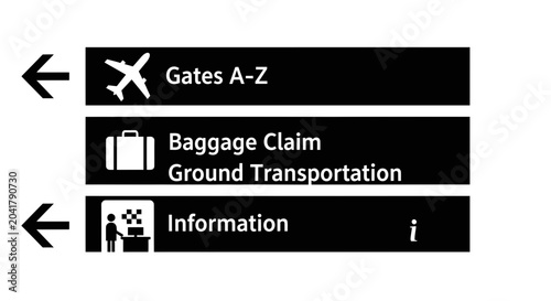Airport directional signs: Gates, Baggage Claim, Information