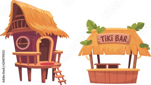 Tableau sur toile Cartoon Tropical Tiki Bar and Stilt Hut Set with Thatched Roof and Wooden Struct