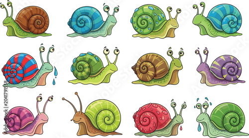 Bild auf Leinwand Cute Colorful Snail Cartoon Character Collection Featuring Funny Garden Mollusks