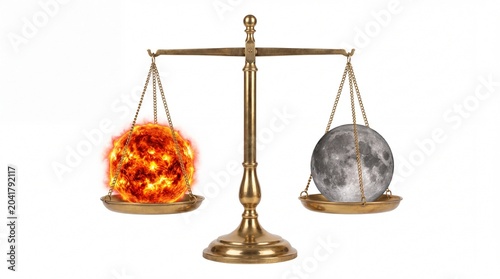 Brass scale balancing a glowing hot sun and a cold grey moon on white background