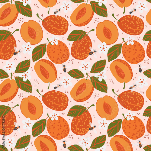 A seamless pattern with apricots and bees on blossoming fruits. 