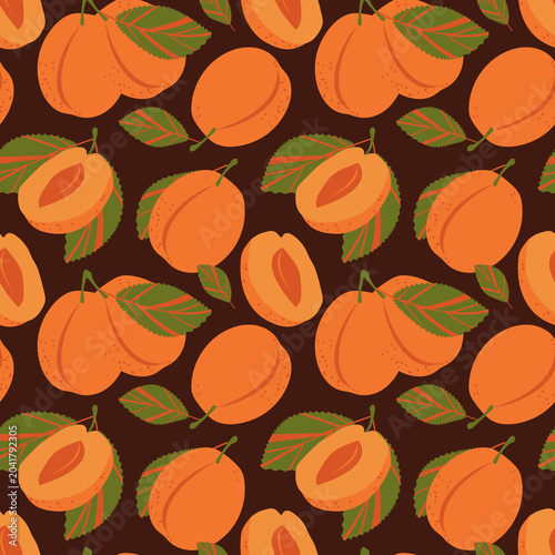 Seamless pattern with apricots and leaves on a dark background.