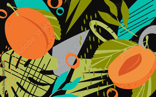 Apricots and other tropical plants form a colorful, vibrant botanical poster with geometric elements. 