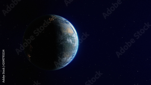A view of Earth from outer space with dramatic half-light atmosphere, glowing continents, and starry deep space background. Futuristic global planet.