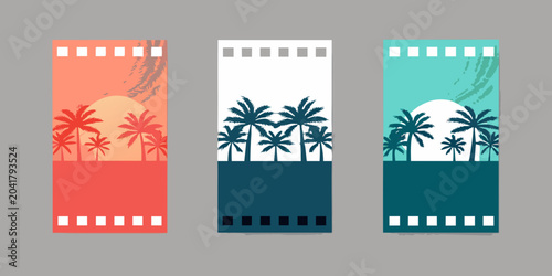 Tableau sur toile tropical banners with palm trees vector illustration orange blue white summer va