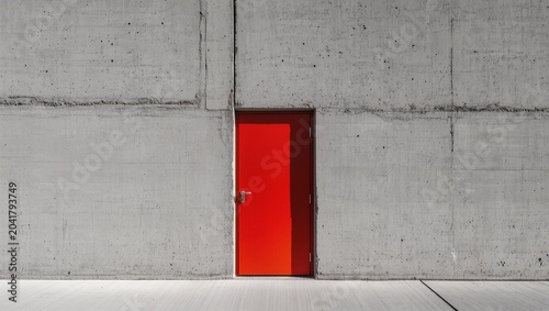 Vibrant Red Door Inserted into a Textured Industrial Grey Concrete Wall