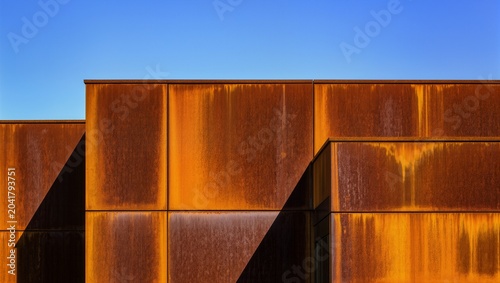 Minimalist Composition of Corroded Rusted Metal Panels Against a Clear Blue Sky