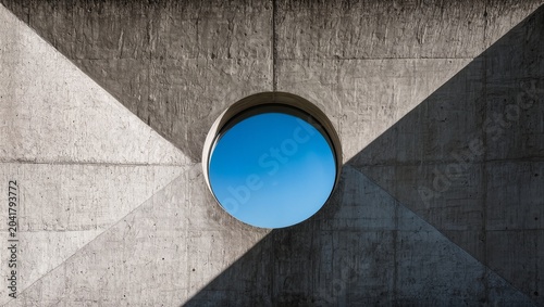 Minimalist Circular Window in a Raw Concrete Facade Showing Bright Blue Sky