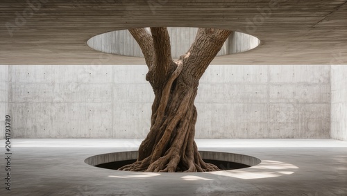 An Old Tree Trunk Growing Through a Circular Opening in a Modern Concrete Ceiling