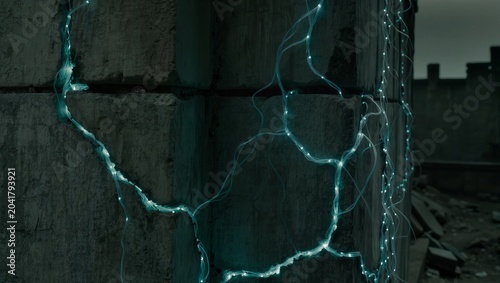 Dark Stone Wall with Glowing Teal Bioluminescent Roots or Energy Cracks