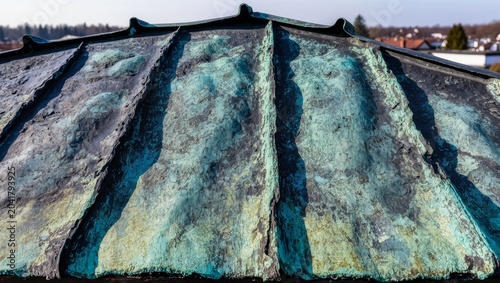 Macro Texture of Weathered Copper Roof with Green Patina and Rust