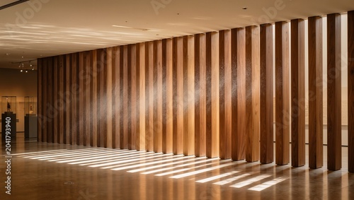 Geometric Interior Design with Bright Sunlight Casting Shadows through Vertical Wooden Slats