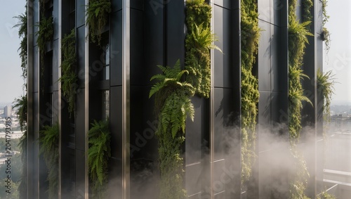 Modern Eco Architecture with Lush Green Plants Growing on a Dark Facade