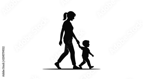 Mother and child walking together holding hands in a simple black silhouette vector graphic design