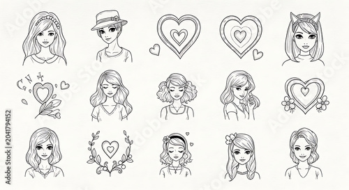 Cute line girls with heart symbols isolated on a transparent background