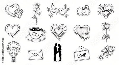 Cute line romantic symbols and isolated on a transparent background