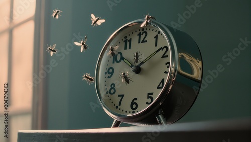 Surreal Image of a Vintage Alarm Clock with Small Butterflies Flying Out of It