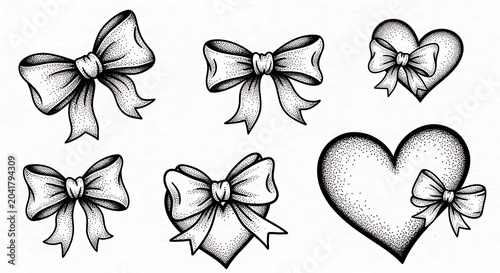 Hand Drawn Ribbons and Heart with Bows isolated on a transparent background
