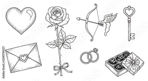 Ink of heart rose arrow key envelope rings chocolates isolated on a transparent background