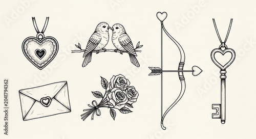 Ink of heart pendant birds roses bow and key isolated on a transparent background