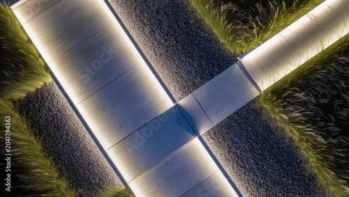 Top View of Modern Architectural Concrete Slabs with Embedded Linear LED Lighting