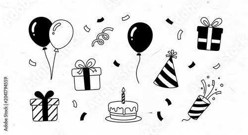 Playful cartoon birthday doodles isolated on a transparent background